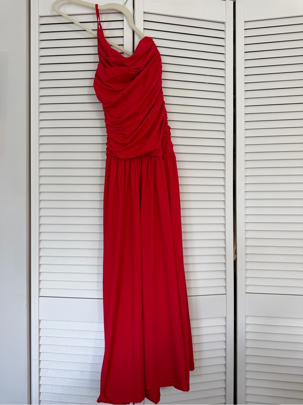Red One-Shoulder Ruched Maxi Dress